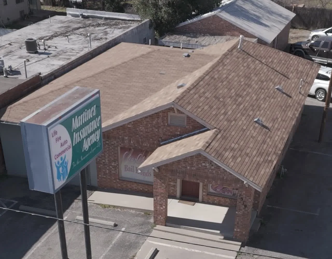 Aerial view of the Martinez Insurance Agency office and sign in San Angelo